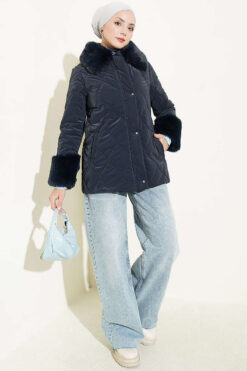 Alternative view of Puffer Coat with Fur Detailing Navy Blue