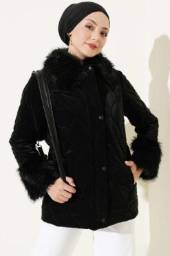 Puffer Coat with Fur Detailing Black