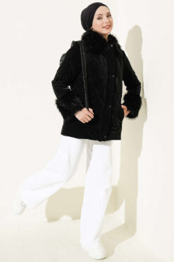 Alternative view of Puffer Coat with Fur Detailing Black