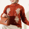 Buttoned Patchwork Pattern French Terry Knit Cardigan Terracotta