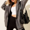 Hooded French Terry Two-Thread Knit Cardigan with Zipper and Ribbed Hem Grey – Image 5