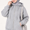 Hooded French Terry Two-Thread Knit Cardigan with Zipper and Ribbed Hem Grey