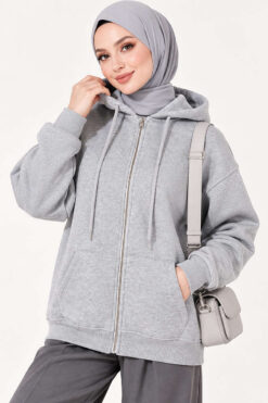 Hooded French Terry Two-Thread Knit Cardigan with Zipper and Ribbed Hem Grey