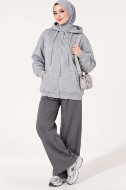 Alternative view of Hooded French Terry Two-Thread Knit Cardigan with Zipper and Ribbed Hem Grey