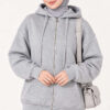 Hooded French Terry Two-Thread Knit Cardigan with Zipper and Ribbed Hem Grey – Image 3