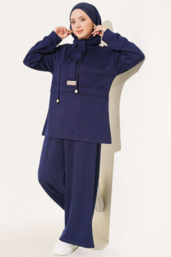 Hooded Top and Bottom Two-Piece Set Navy Blue