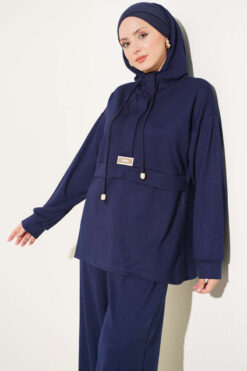 Alternative view of Hooded Top and Bottom Two-Piece Set Navy Blue