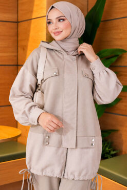 Alternative view of Hooded Two-Piece Set with Drawstring Details Beige