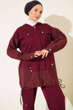 Alternative view of Hooded Two-Piece Set with Drawstring Details Burgundy