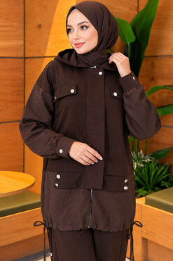 Alternative view of Hooded Two-Piece Set with Drawstring Details Brown