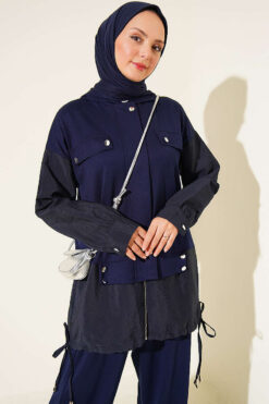 Alternative view of Hooded Two-Piece Set with Drawstring Details Navy Blue
