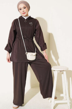 Hooded Waist-Tied French Terry Two-Piece Set Brown