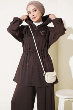 Alternative view of Hooded Waist-Tied French Terry Two-Piece Set Brown