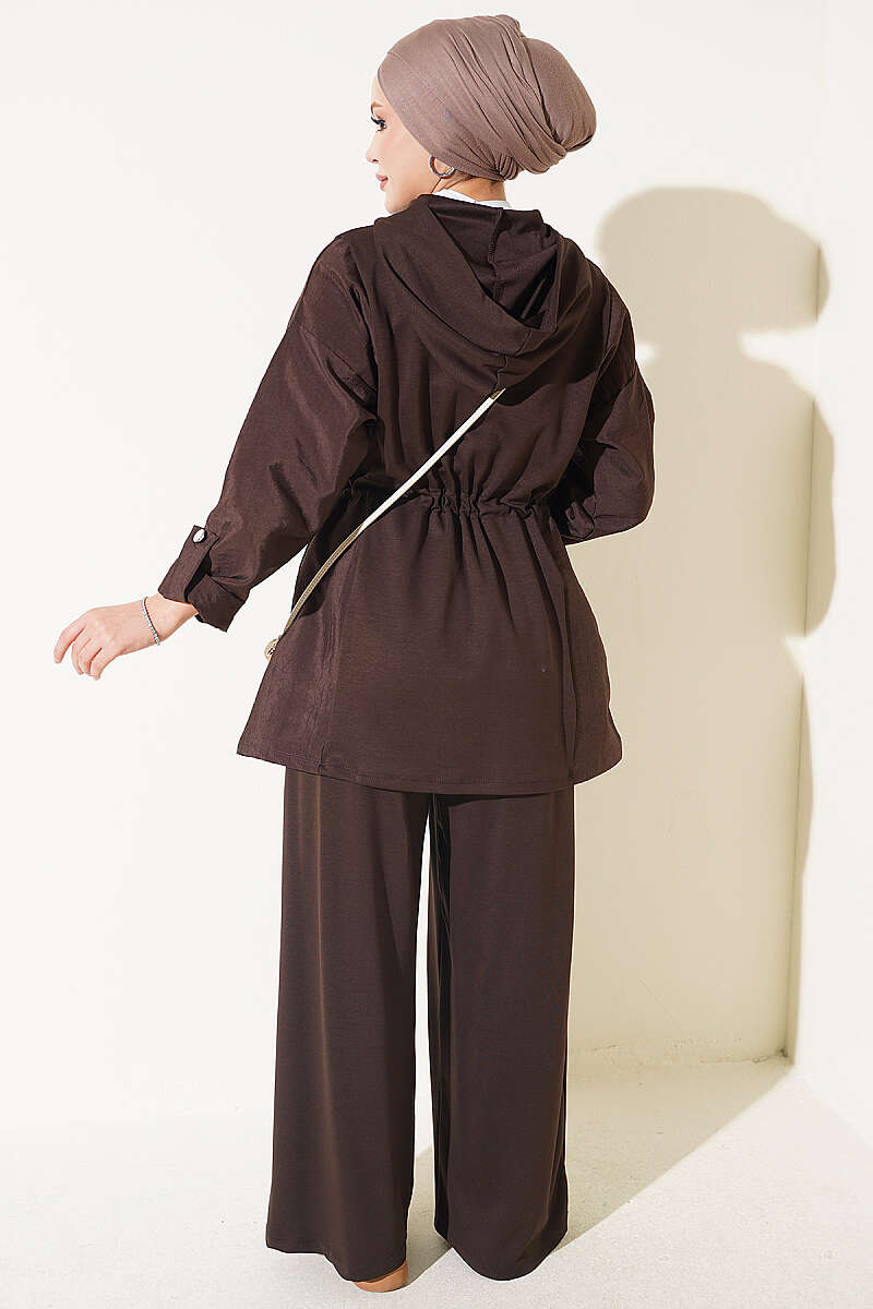 Hooded Waist-Tied French Terry Two-Piece Set Brown - Afbeelding 3