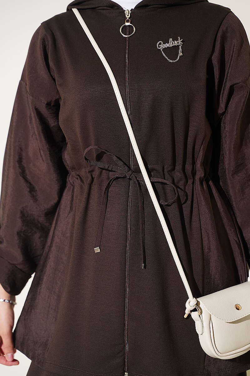 Hooded Waist-Tied French Terry Two-Piece Set Brown - Afbeelding 4