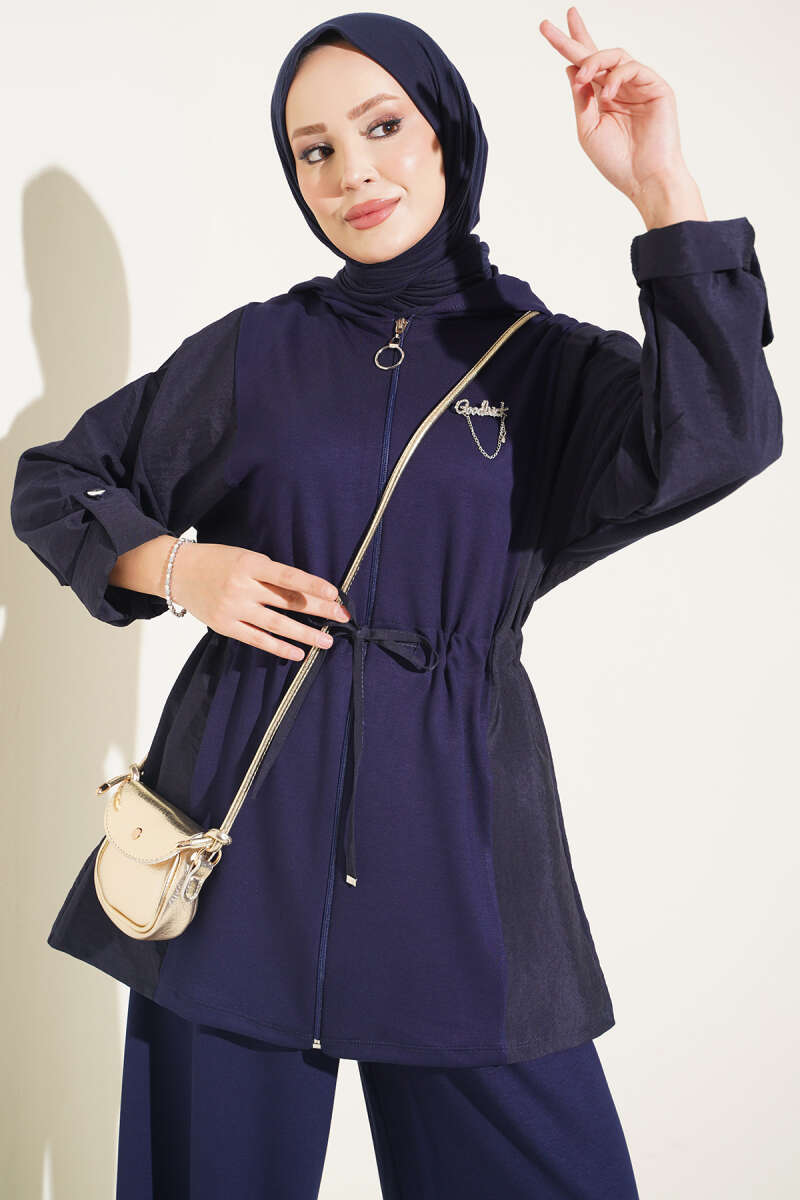 Hooded Waist-Tied French Terry Two-Piece Set Navy Blue - Imagen 2
