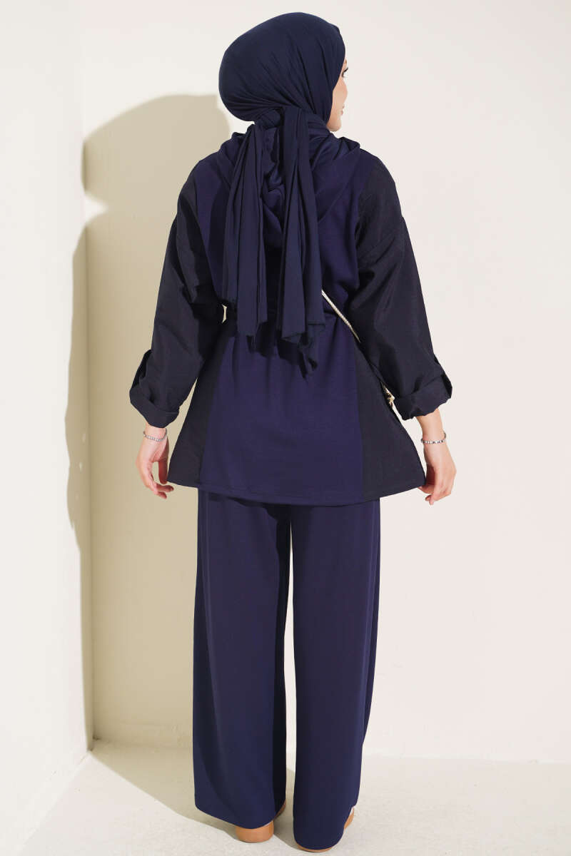 Hooded Waist-Tied French Terry Two-Piece Set Navy Blue - Imagen 3
