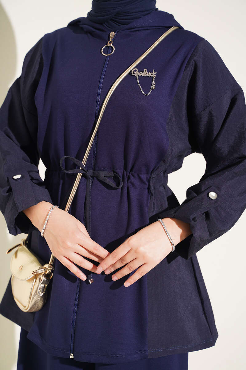 Hooded Waist-Tied French Terry Two-Piece Set Navy Blue - Imagen 4