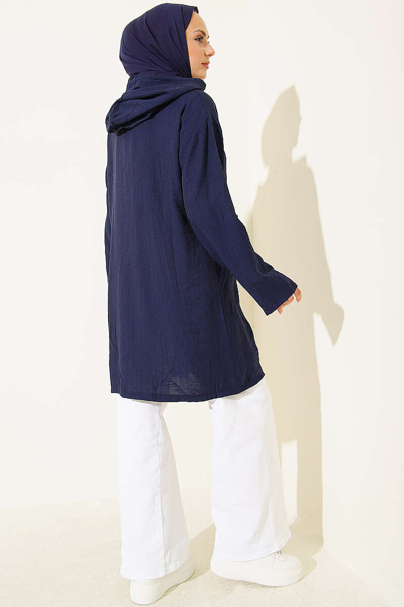 Hooded sweatshirt with pocket detail Navy Blue - الصورة 3