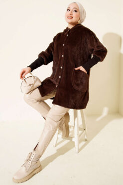 Alternative view of Hooded Buttoned Angora Coat Brown