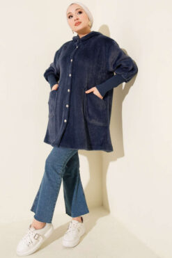 Alternative view of Hooded Buttoned Angora Coat Navy Blue