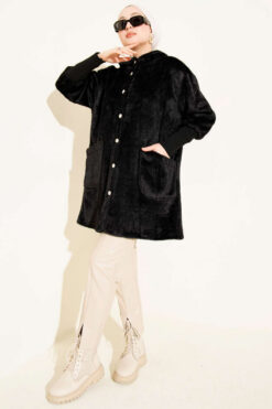 Alternative view of Hooded Buttoned Angora Coat Black