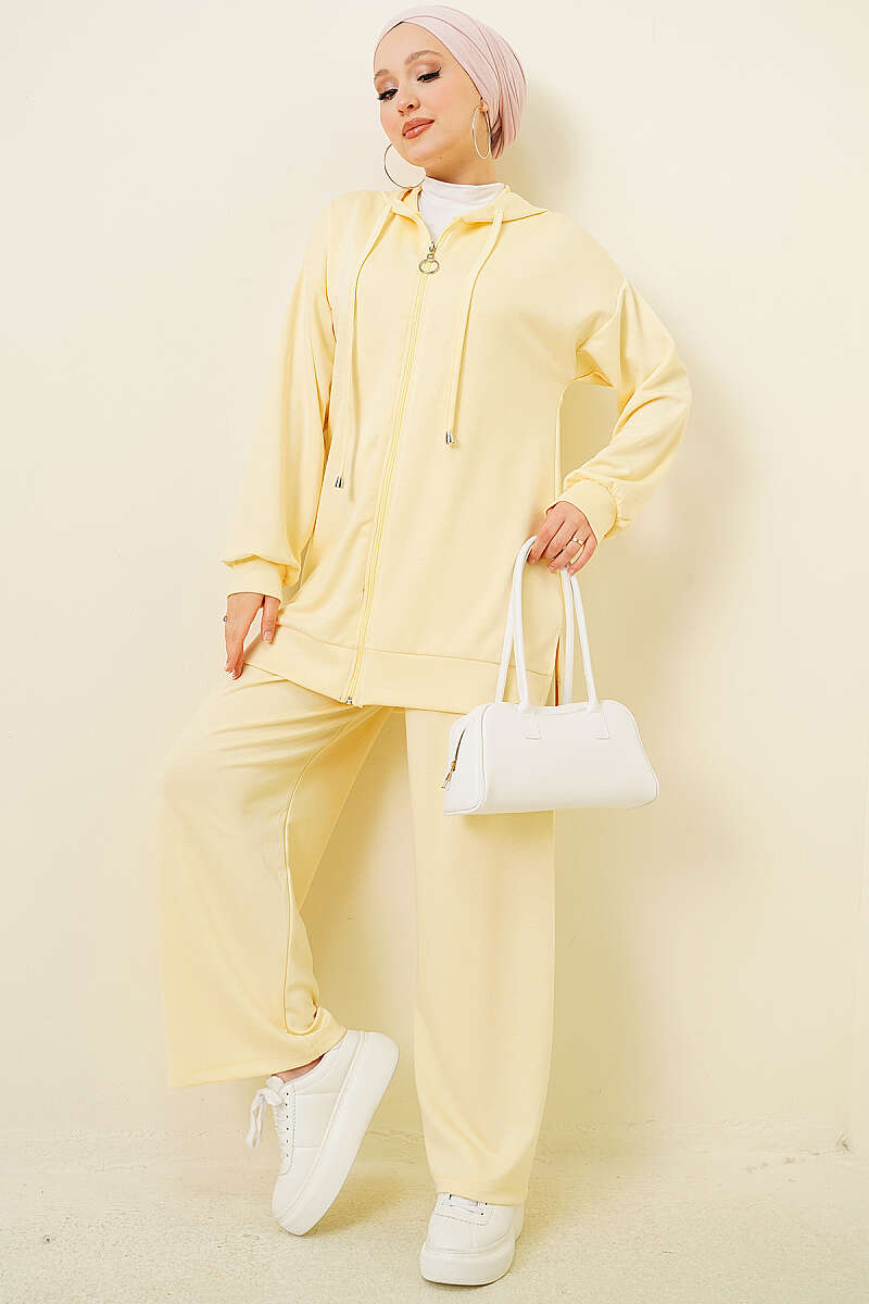 Hooded Low Shoulder Lounge Set Yellow