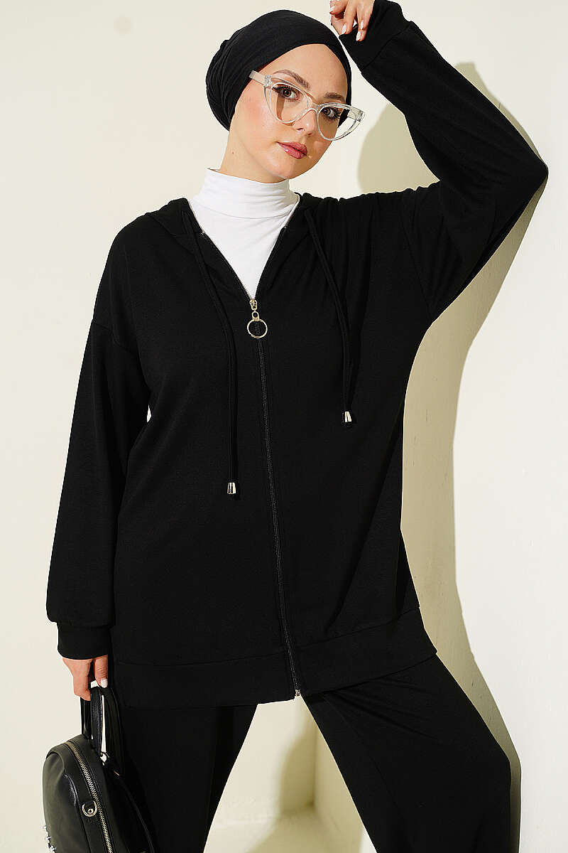 Hooded Low Shoulder Lounge Set Black - Imagen 2