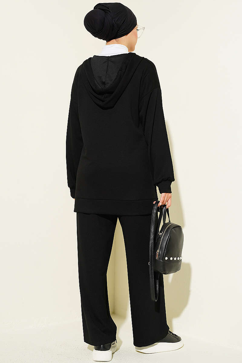 Hooded Low Shoulder Lounge Set Black - Imagen 3