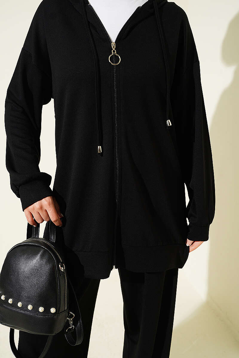 Hooded Low Shoulder Lounge Set Black - Imagen 4