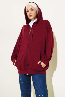 Hooded Zip-Up Oversized Cardigan Burgundy