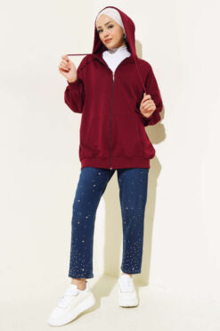 Alternative view of Hooded Zip-Up Oversized Cardigan Burgundy