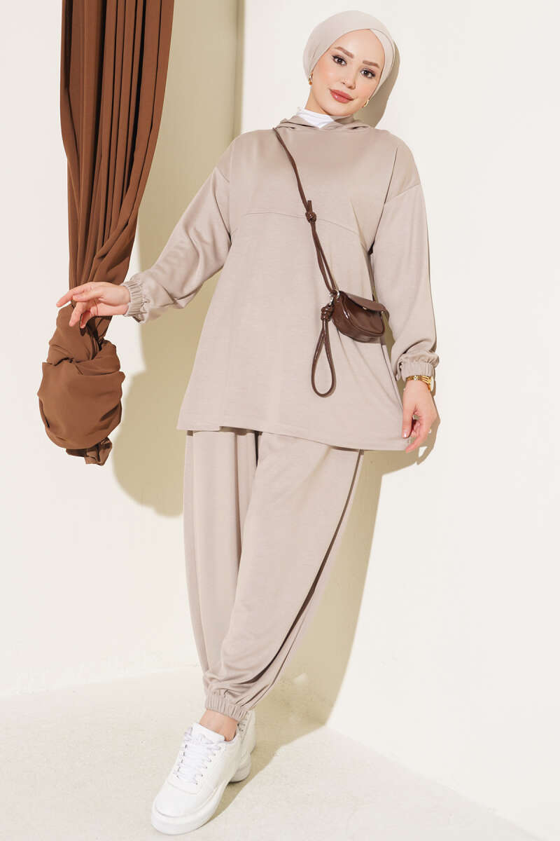 Hooded French Terry Two-Piece Set with Drawstring Beige