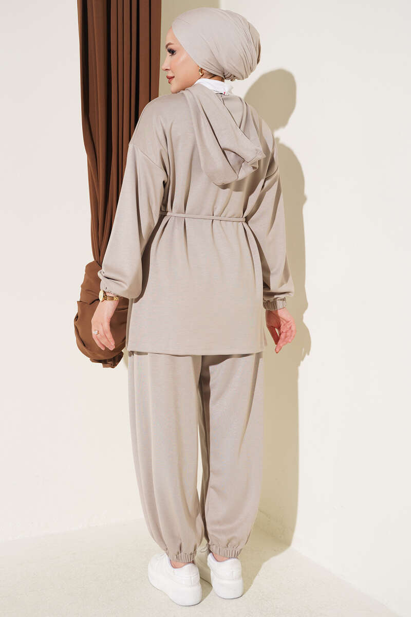 Hooded French Terry Two-Piece Set with Drawstring Beige – Bild 3
