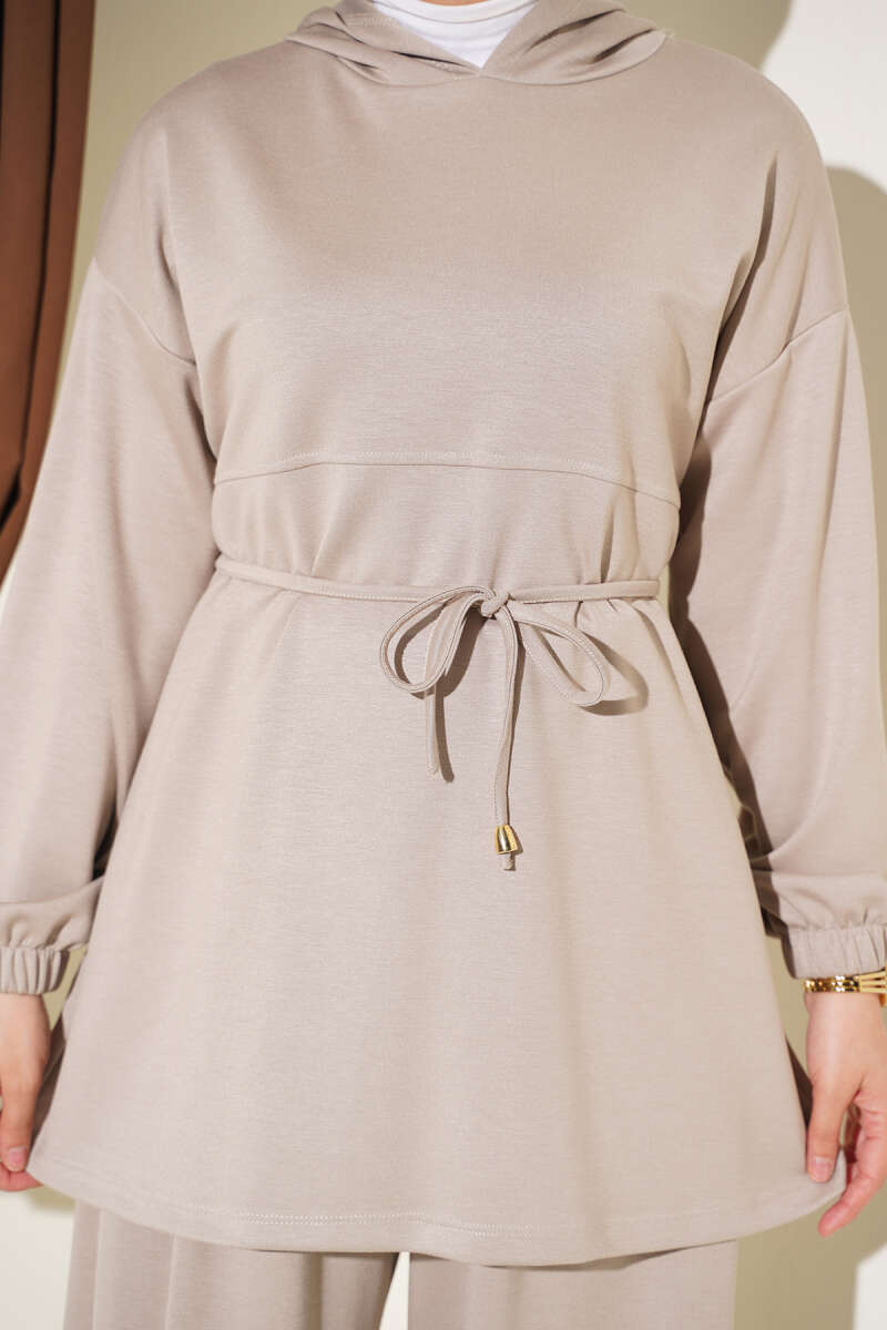 Hooded French Terry Two-Piece Set with Drawstring Beige – Bild 4
