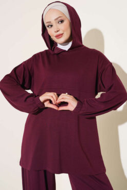 Alternative view of Hooded French Terry Two-Piece Set with Drawstring Plum