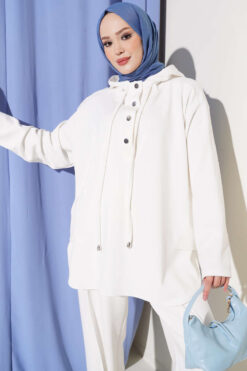 Alternative view of Hooded Sweatshirt with Cuffed Hem and French Terry Two-Piece Set Ecru