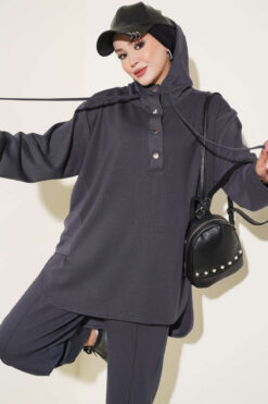 Alternative view of Hooded Sweatshirt with Cuffed Hem and French Terry Two-Piece Set Smoke