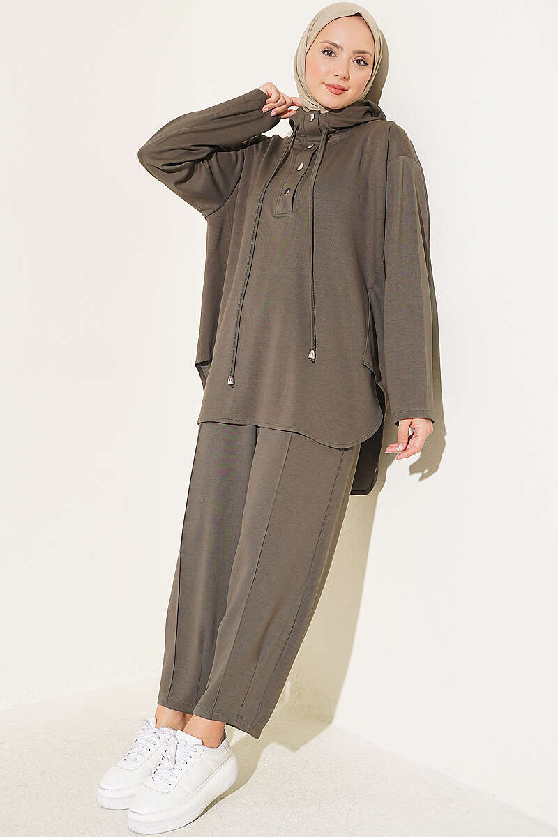 Hooded Sweatshirt with Cuffed Hem and French Terry Two-Piece Set Khaki
