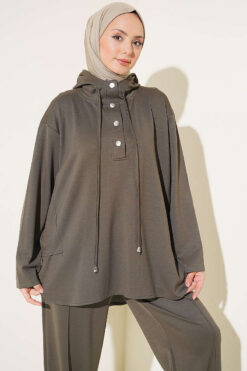Alternative view of Hooded Sweatshirt with Cuffed Hem and French Terry Two-Piece Set Khaki