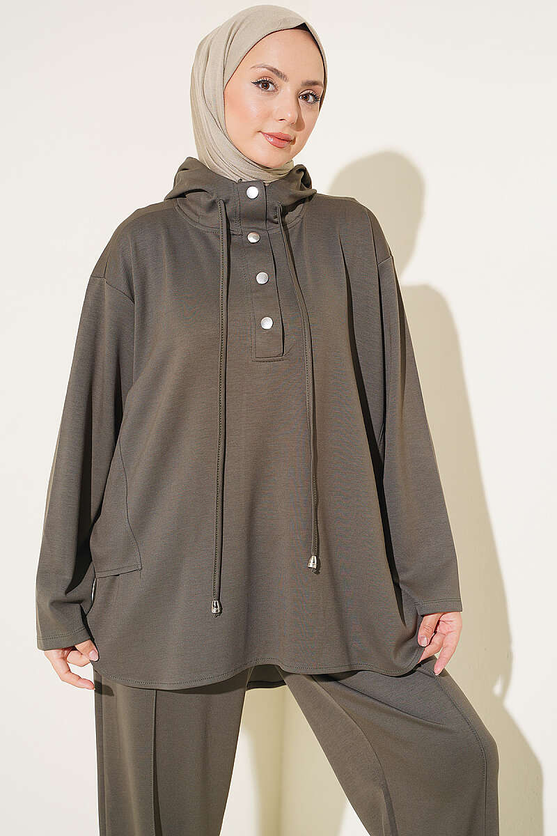 Hooded Sweatshirt with Cuffed Hem and French Terry Two-Piece Set Khaki – Bild 2