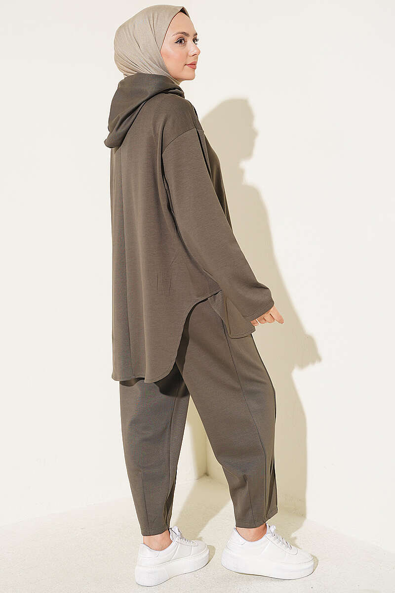 Hooded Sweatshirt with Cuffed Hem and French Terry Two-Piece Set Khaki – Bild 3
