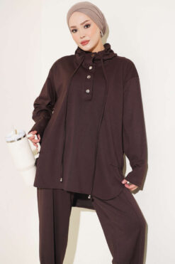 Alternative view of Hooded Sweatshirt with Cuffed Hem and French Terry Two-Piece Set Brown