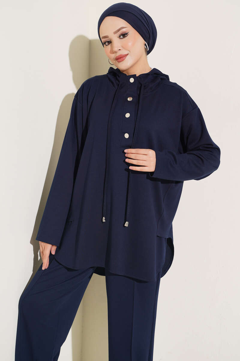 Hooded Sweatshirt with Cuffed Hem and French Terry Two-Piece Set Navy Blue – Bild 2