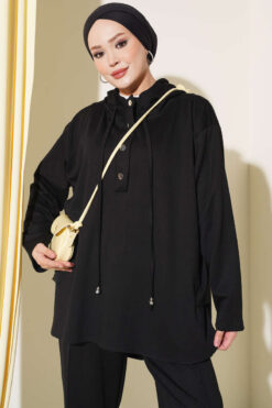 Alternative view of Hooded Sweatshirt with Cuffed Hem and French Terry Two-Piece Set Black
