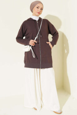Alternative view of Hooded Loose-Fit French Terry Zip-Up Cardigan Brown