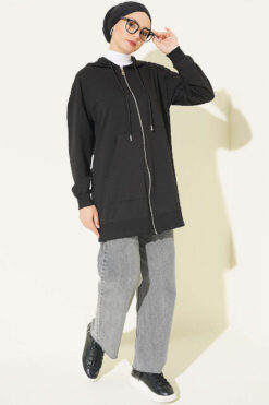 Alternative view of Hooded Loose-Fit French Terry Zip-Up Cardigan Black