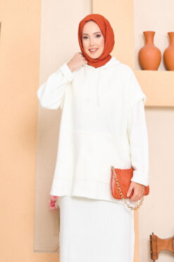 Alternative view of Hooded Sweater Detail Modest Two-Piece Dress Set Ecru