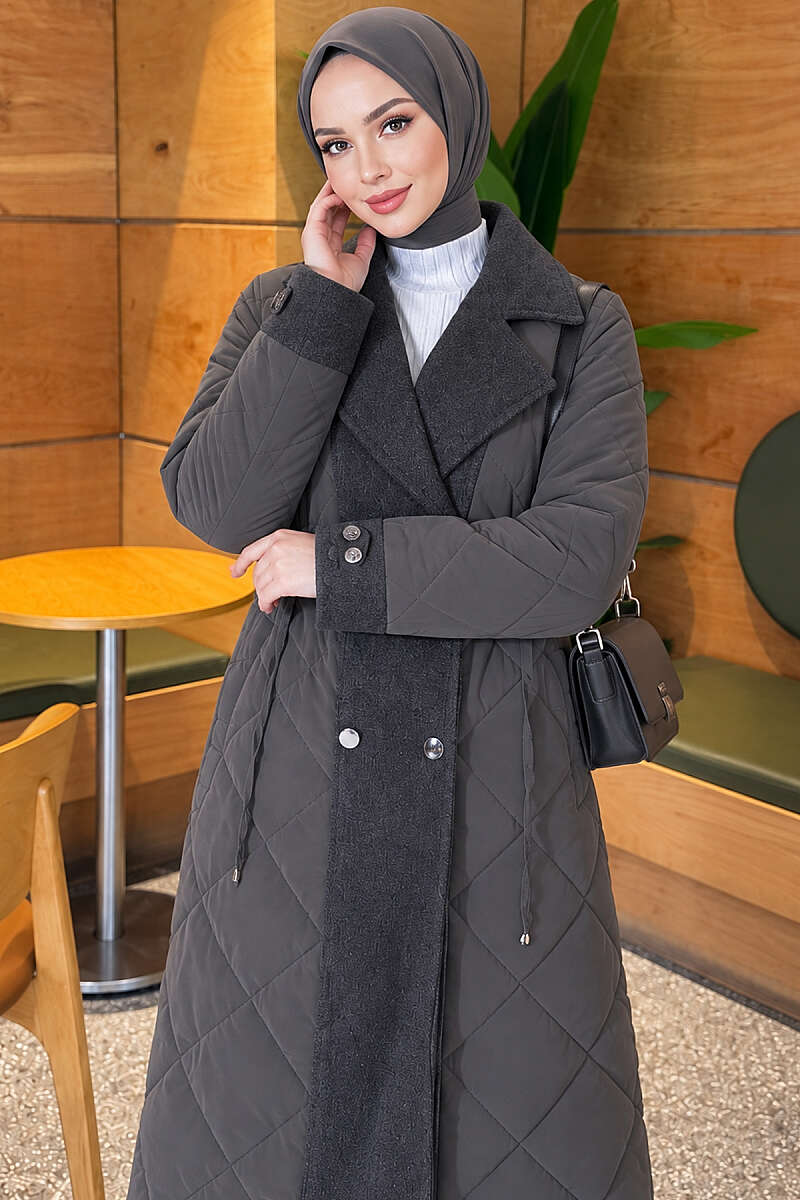 Wool-Blend Quilted Cashmere-Trim Coat Anthracite - Afbeelding 3