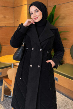 Alternative view of Wool-Blend Quilted Cashmere-Trim Coat Black